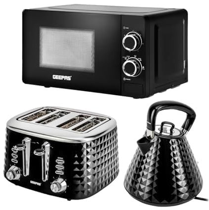 Geepas Electric Kettle 4 Slice Bread Toaster & Microwave Kitchen Set | 3000W 1.5L Traditional Pyramid Kettle | 1750W Toaster with 7 Level Browning Control | 700W Solo Manual Dial Microwave 20L Black