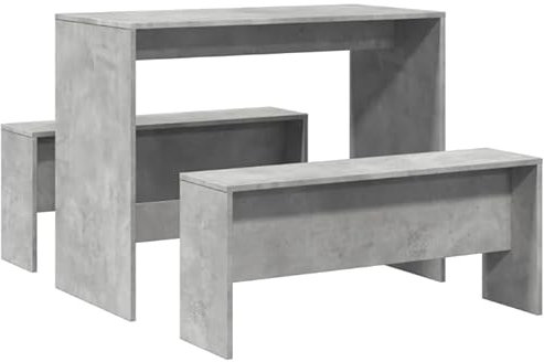 3-delad matgrupp: Matbord med 2 bänkar, köksbordsset, matsalsgrupp – matbord och bänk, set, betonggrå, trämaterial