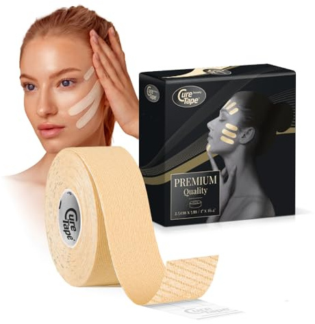 CureTape Beauty Cinta Kinesiológica | Cinta facial antiarrugas | Cinta de elevación facial para tonificar, reafirmar y tensar la piel (beige claro, 1'' X 16'.)
