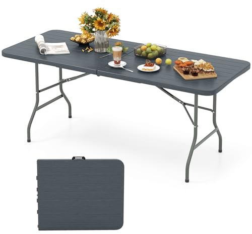 KOMFOTTEU Tavolo Pieghevole in HDPE e Metallo, Tavolo Campeggio Portatile con Maniglia di Trasporto, Tavolo Picnic Salvaspazio per Giardino, Esterno, Carico 160 kg, 180 x 74 x 75 cm (Grigio II)