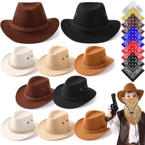 Unittype 20 Pcs Western Costume Cowboy Hats Set Kids Cowgirl Themed Party Felt Bandanna Hat with Paisley Bulk(Brown Series)