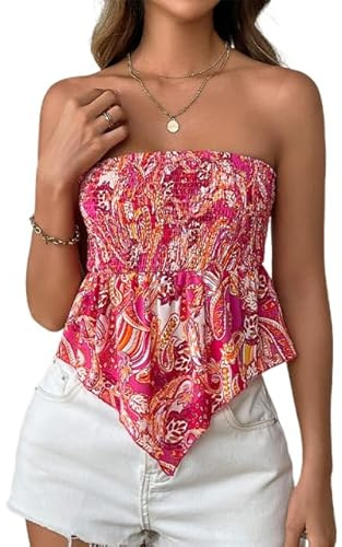 fdsmall Donne Floreale Tube Top Boho Senza Spalline Senza Maniche Ruffle Hem Estate in Uscita Casual Bandana Top (IT, Testo, M, Regular, Regular, Rosa)