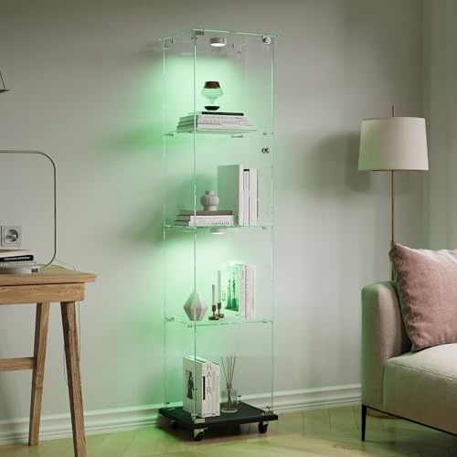 Vitrina de cristal con LED, armario de cristal para exhibición con 1 puerta, 4 estantes, vitrina con cerradura vitrina para coleccionismo, vitrina de salón moderna para bar (negro, luz táctil + ruedas
