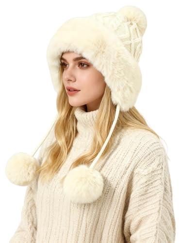 TAGVO Women's Winter Knit Hat with Fleece Lining & Triple Pom Poms – Warm Soft Earflap Beanie for Cold Weather Beige