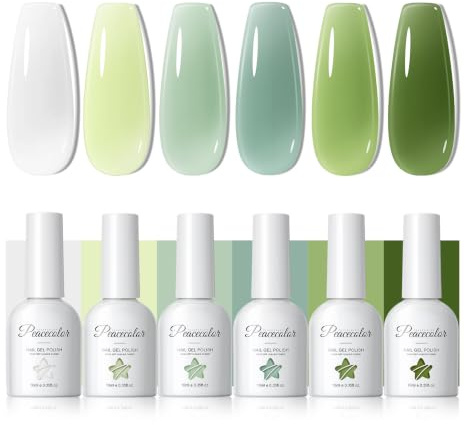 PEACECOLOR 6 * 10ML Gel-nagellack Transparent Grön, Jelly Nagellack Soak-Off UV/LED för nagelsalong DIY hemma