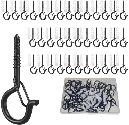 Uni-Fine 40 PCS Screw-in Hooks, 1.47inch Eye Hooks Screw Q-Hanger Hooks with Safety Buckle, Ceiling Hook Kit for Kitchen Garden Plants Christmas Outdoor String Lights, Wall Cabinet Ceiling Eye Hook