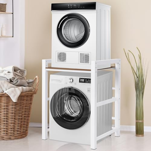 BQSWYD Washer Dryer Stacking Rack, 660lbs Capacity Heavy Duty Washer and Dryer Stacking Stand, 3 Adjustable Height Washing Machine Shelf for Compact Apartment, Laundry Rooms, Bathrooms and RV (White)