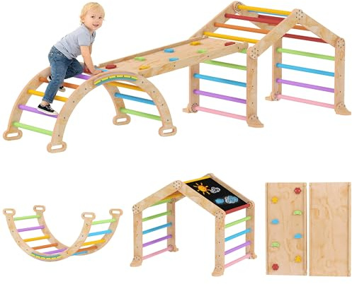AIYAPLAY Triángulo de Escalada Infantil 9 en 1 de Madera, con Rampa Reversible, Tobogán, Basculas y Estructura de Escalada, Carga Máx. 50 kg, para bebé 18-48 Meses, Multicolor
