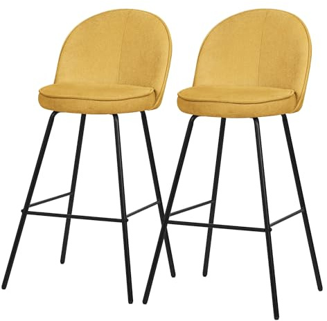 ML-Design 2X Taburetes de Bar Mostaza con Tapizado de Tela, 75cm Altura, Sillas con Estructura Metálica, Asientos de Cocina con Respaldo y Reposapíes, Sillones de Barra, Mueble de Mostrador de Bistro
