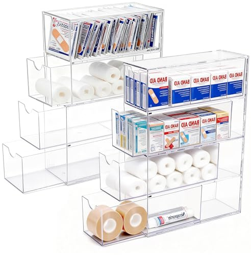 COZFUR 2 Pack Bandage Organizer with Lid, Acrylic Bandaid Holder with 4 Clear Drawers Band Aid Storage Container for Home Office Drawer Cabinet