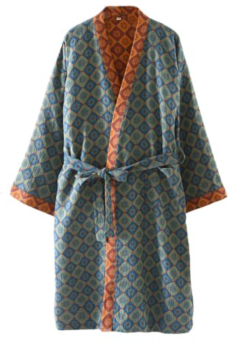 UUNBS Kimono japonés para Mujer Bata de Gasa Jacquard 100% algodón Yukata Ligera para Sauna Ropa de Estar en casa,Verde,M