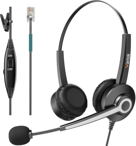 Wantek Auriculares Teléfono Fijo RJ9 Mono, Micrófono con Cancelación de Ruido, Cascos con Control de Volumen para ShoreTel Plantronics Polycom Zultys NEC Nortel Norstar Meridian(682RJ)