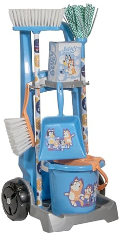 Theo Klein 7021 Chariot de Ménage Bluey, Chariot de Nettoyage avec Balai, serpillière et Accessoires au Design Bluey, Produit sous Licence Officielle, Jouet pour Enfants dès 3 Ans