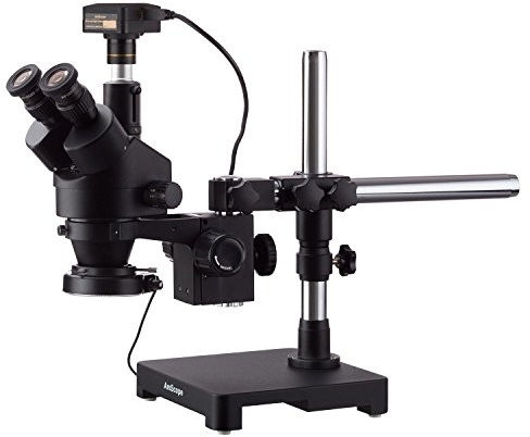 AmScope 7X-90X Black Trinocular Stereo Zoom Microscope on Single Arm Boom Stand + 144 LED Compact Ring-Light with 10MP USB3.0 Camera