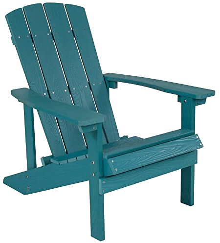 Flash Furniture allwettertauglicher Gartenstuhl – Gartensessel mit extra breiter Rückenlehne – Garten Liegestuhl mit Holzoptik für entspannte Stunden – Türkis