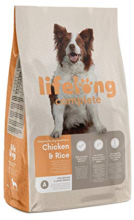 Amazon-Marke: Lifelong - Hundefutter für ausgewachsene Hunde (Adult) aller Rassen, Fein zubereitetes Trockenfutter reich an Huhn und Reis, 5 kg (1er-Pack)