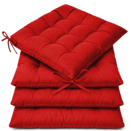 Casabella Pack of 4 Seat Pad for Dining Chair Garden Kitchen Chair Cushion With Tie On_9 Stitch_Red Indoor/Outdoor Comfortable chair pads for Kitchen seat pads 9 stitch cushions