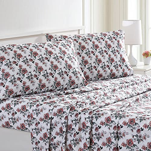 Modern Threads Soft Microfiber Printed Sheets - Luxurious Microfiber Bed Sheets - Includes Flat Sheet, Fitted Sheet with Deep Pockets, & Pillowcases Rose Bloom Queen