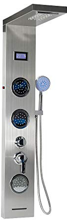 XUANYU Multifunktions Duschsystem aus Edelstahl Duschpaneel mit Handbrause, LED und LCD Duschgarnitur mit 5 Wasseraustrittsmethoden (Höhe 123 cm, Edelstahl gebürstet)