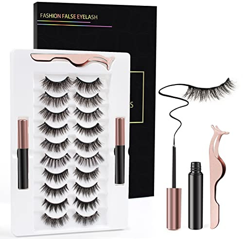Magnetic Eyelashes Kit, 3D Reusable Magnetic False Eyelashes with 2 Tubes of Magnetic Eyeliner & Tweezers - Easy to Use, Black, Natural Look