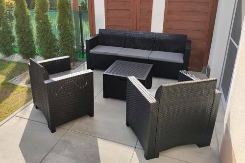 Dmora - Loungeset für draußen Venus, Outdoor-Lounge mit Couchtisch, Terrassenset mit Kissen, Gartenkomposition mit Sofa und Sesseln, Made in Italy, Anthrazit