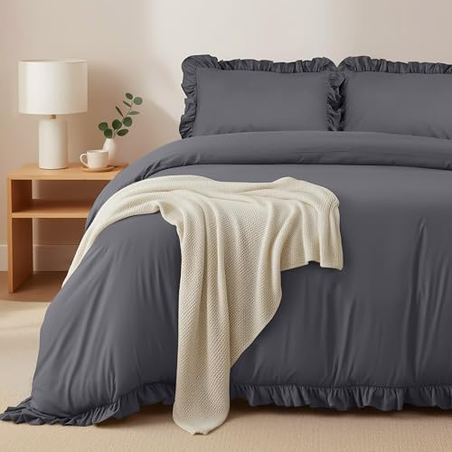 Utopia Bedding Copripiumino a Volant 3 pezzi Una Piazza e Mezza - Microfibra Copripiumino 200x200cm + Federe 50x75cm - Grigio