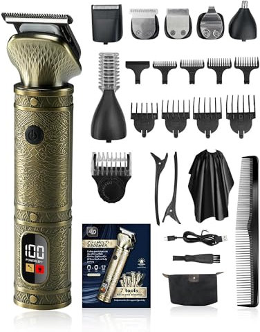 7 en 1 Tondeuse Barbe Homme Tondeuse Cheveux Professionnel, Lame en T Rasoir Électrique Kit avec Écran LED, USB C Rechargeable, Technologie Silencieuse, Etanche Tondeuse Corps Homme pour Cadeau/Salon