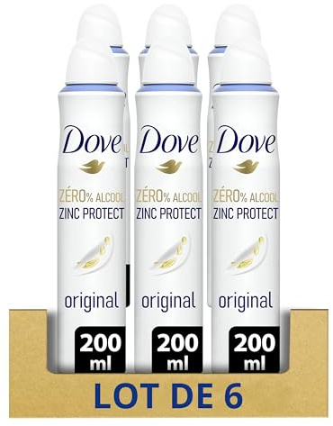 DOVE Déodorant Spray Zinc Protect 0% Alcool - Original - Soin quotidien des aisselles - 72h de protection anti-odeurs - lot de 6x200ml