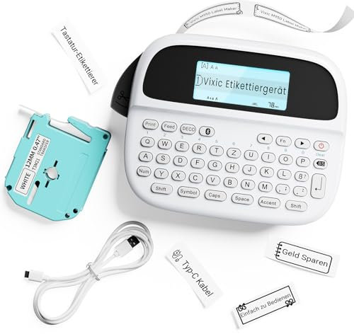 Vixic M950 Mini Beschriftungsgerät mit Akku, Tragbares Etikettiergerät mit QWERTZ Tastatur, Bluetooth-Etikettendrucker, Ideal fürs Büro oder zu Hause