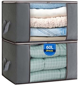 Boic 2 Pezzi Scatole Per Armadio Salvaspazio 60L, Scatole Per Vestiti Pieghevoli, Contenitori Per Armadio Con Coperchio E Maniglia Contenitore Vestiti Per Trapunte Coperte Biancheria Da Letto