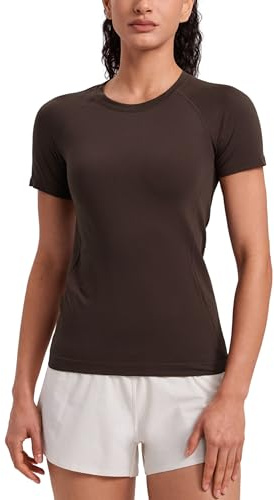 CRZ YOGA Femmes Seamless Athlétique T Shirt Respirant Gym Yoga Manche Courte Léger Randonnée Quotidien Haut de Sport Brun au Fudge Chaud 42