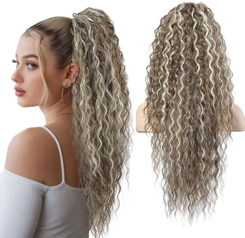 Flufymooz Ponytail Extension, 66 CM Bohemian Style Drawstring Ponytail Hair Extensions für Frauen, Lange Curly Wavy Pony Tail natürliches synthetisches Haarstück (Ash Brown mit blonden Highlights)