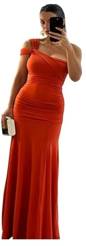 ZGXNYI Elegante Vestido Largo Ajustado Irregular de un Solo Hombro for Mujer, Sexy, sin Espalda, for Fiesta, Club, Noche.(Orange,S)