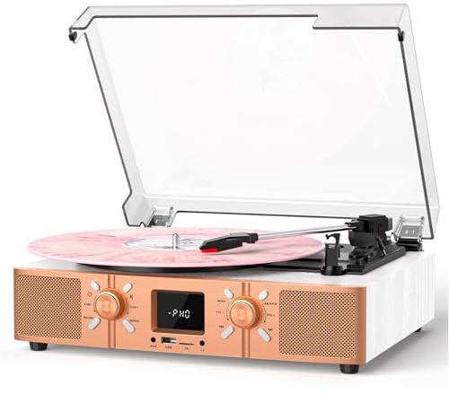VICTRESS Giradischi in vinile con altoparlanti integrati, giradischi Bluetooth per dischi in vinile, lettore LP con cinghia a 3 velocità, registrazione USB/Micro SD, radio FM, jack RCA/AUX/cuffie, oro