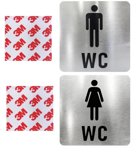 LifgWas 2pcs Simbolos Baño, Placas Cartel WC Acero Inoxidable 12x12 cm – Juego de Carteles Baño Mujer y Hombre – Señalización Resistente con 2 Adhesivos Fuertes 50x50 mm – Instalación Sencilla