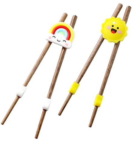 2 Pares Palillos Chinos, Palillos de Entrenamiento de Madera para Principiantes, Chopsticks Reutilizables, Resistente al Calor, Patrón De Sol Amarillo y Arcoíris