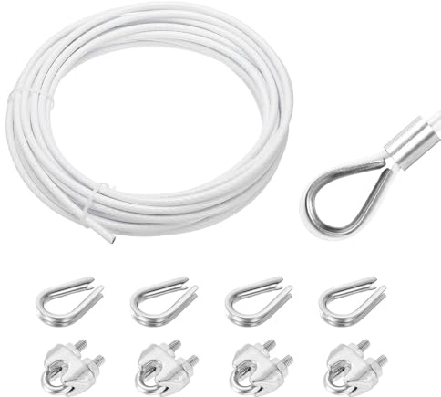 QUARKZMAN Cable De Acero Inoxidable 304 De 33 Pies Con Revestimiento De Vinilo De 6 Mm (1/4) Con 4 Piezas De Mordaza De Tornillo Y Ojal Para Barandales, Decking, Líneas De Ropa, Blanco 10m