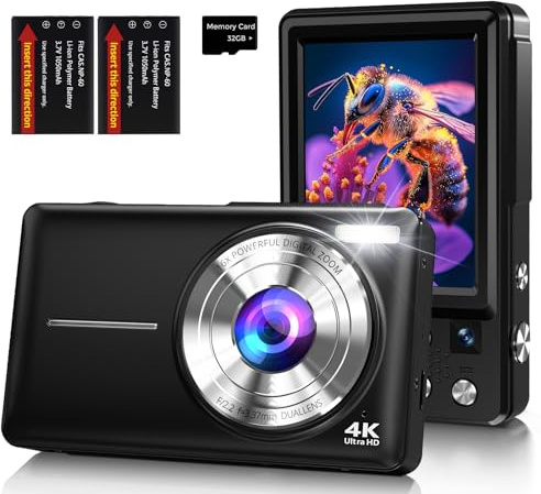 Digitalkamera Kamera Fotokamera 4K 64MP mit Autofokus, Dual-Objektiv, 2,8-Zoll Bildschirm, 16X Digitalzoom, Zwei Akkus, 32GB Karte für Jugendliche, Anfänger, Kinder