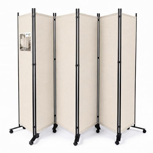 VOUNOT® Biombo Separador Plegable 6 Paneles Separador de Ambientes con Ruedas 340x30x171 cm Pantalla Privacidad Tela Poliéster Marco Metal Divisor de Habitación para Oficina Dormitorio Interior Beige