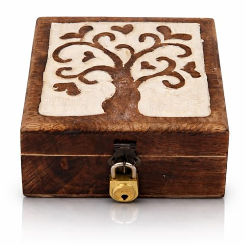 Grande regalo di compleanno fatto a mano portagioie decorativo in legno albero della vita intagliando & Lock & Key Jewellery Organizer scatola dei ricordi del tesoro portagioie 12,7 x 12,7 cm