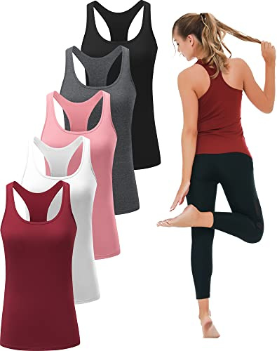 TELALEO 5-Pack Women's Workout Racerback Tank Tops, Dry Fit Compression Athletic Shirts, Black/Grey/White/Red/Pink L