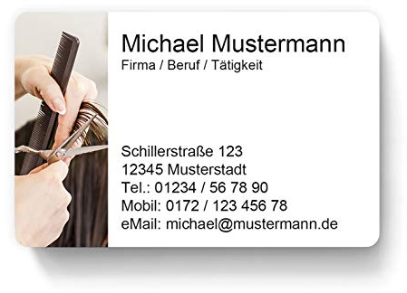 100 Visitenkarten, laminiert, 85 x 55 mm, inkl. Kartenspender - Friseur Frisör Haare