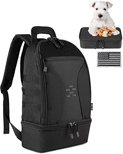 DBTAC Tactical Pet Backpack for Small Dogs & Cats - Compact Travel Bag with Insulated Pocket & 1x Detachable Food Container Included | Outdoor Hiking, Road Trip, Airplane Approved (Black)