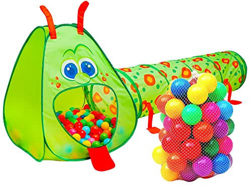 Kiddey Caterpillar Kids Play Tunnel and Tent with 50 Balls 2 Pc. Crawl Through Baby Ball Pit Pop up for Toddler and Babies, Indoor & Outdoor Jungle Gym Party Gift | Crawling Tunnels & Tents