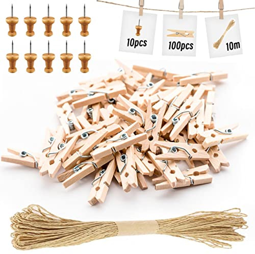 100Pcs Wooden Pegs, 3.5cm Clothes Pegs for Washing Line Small Pegs Wood Craft Clips with 10 Thumbtacks and 10m Twine for Hanging Photos, Arts and Craft （3.5×0.7cm / 1.4×0.3inch）