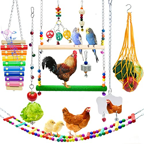 XMPEKO 10PCS Chicken Toys for Coop, Chicken Xylophone Grinding Stone pecking Swing Flexible Ladder String Bag Vegetable Hanging Skewer Feeder Mirror Toys for Hens for Chicken Coop Accessories