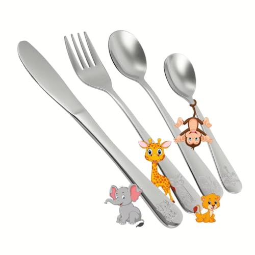 Nirosta Ensemble de Couverts pour Enfants Safari 4pcs – Set de 4 ustensiles avec adorables motifs animaliers – Comprend petite et grande cuillère, couteau et fourchette – Pour enfants dès 3 ans