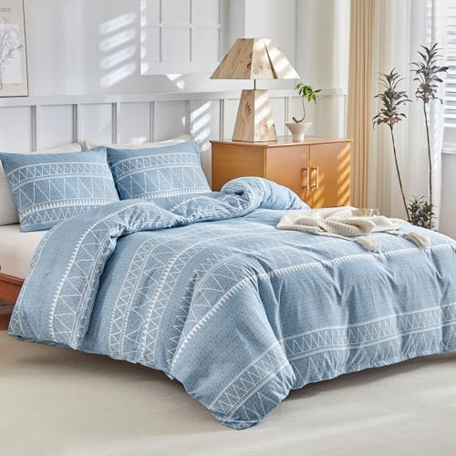 Lekesky King Size Duvet Cover Sets Blue Bedding - Boho Stripe Print Bedding Sets King Size (1x Quilt Cover, 2x Pillowcases) Ultra-Soft Microfiber Blue Duvet Cover