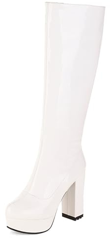 Lroey Reoly Stivali Alti Al Ginocchio da Donna con Tacco Largo, Stivali da Sera Punta Rotonda Tacco Alto Stivali Alti Zip con Plateau, D5643Jw Bianco Numero 44 EU