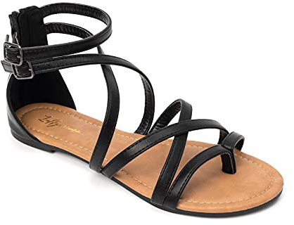 HEVA Vardagliga bandsandaler för kvinnor bekväma justerbara platta sandaler, Svart, 41 EU